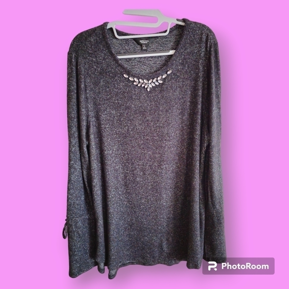 Simply Vera Wang Grey Sweater Embellished Rhinestone Neckline Size Large